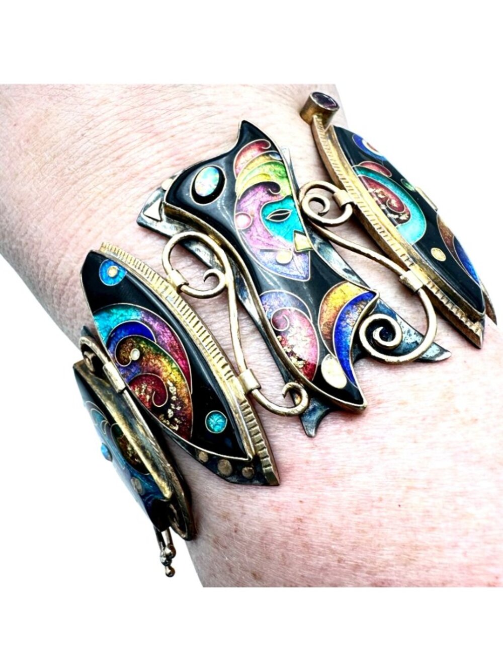 RARE Unsigned Alexa Peter Smarsh Sterling 14k 22k Gold Cloisonne Opal Bracelet - Picture 2 of 4